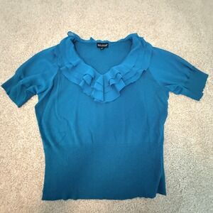 Dialogue Ruffle Neck Knit Top Women 1X Teal Blue Short Sleeve Ribbed Hem Sweater